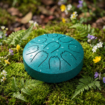 Rain drum resting on green moss in natural light