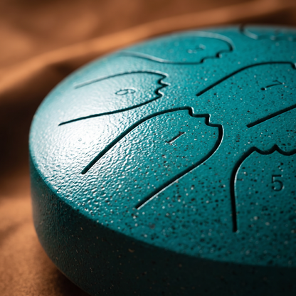 Margaret's hand-tuned rain drum, teal pearl finish, side closeup