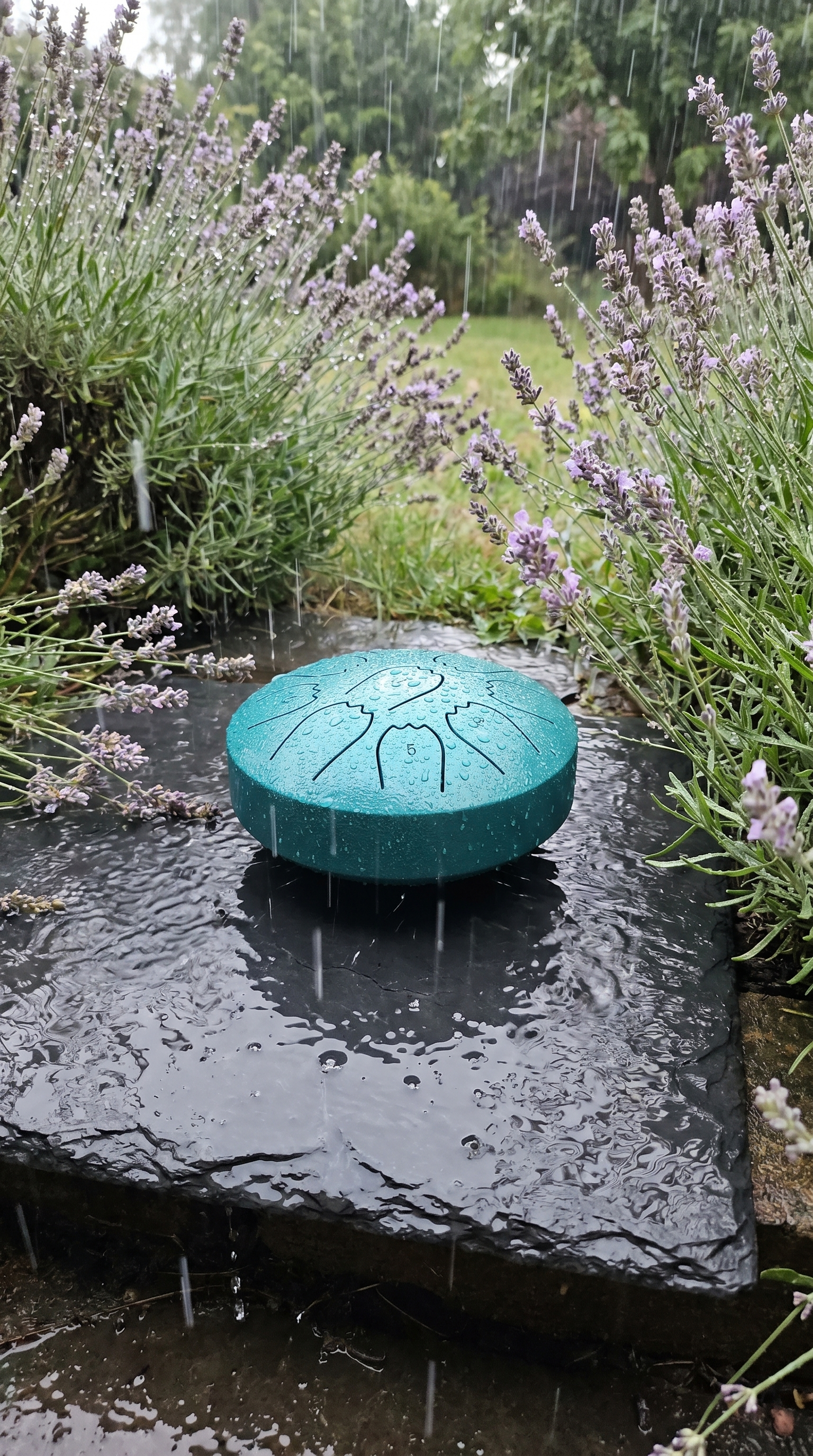 Rain drum on a slate stone in a lavender garden during rain