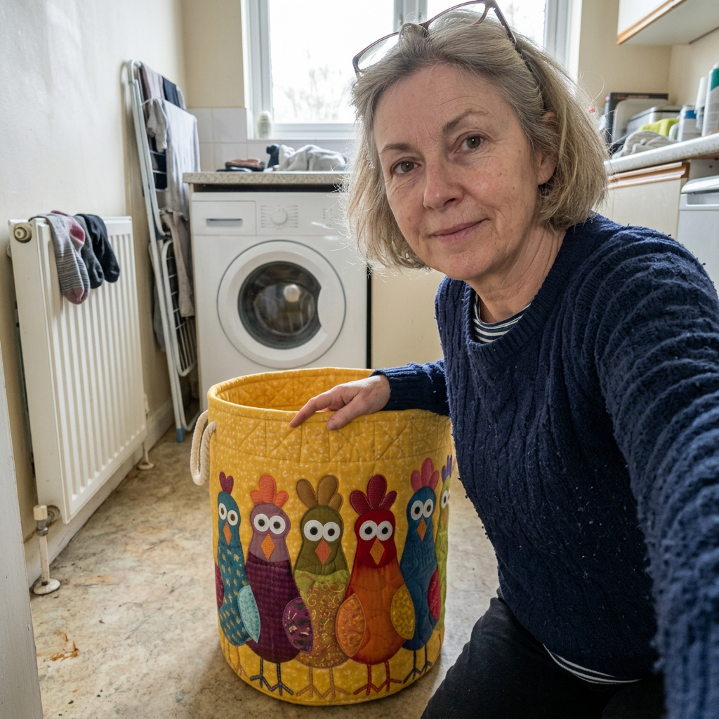 Customer with Funny Chickens basket in utility room