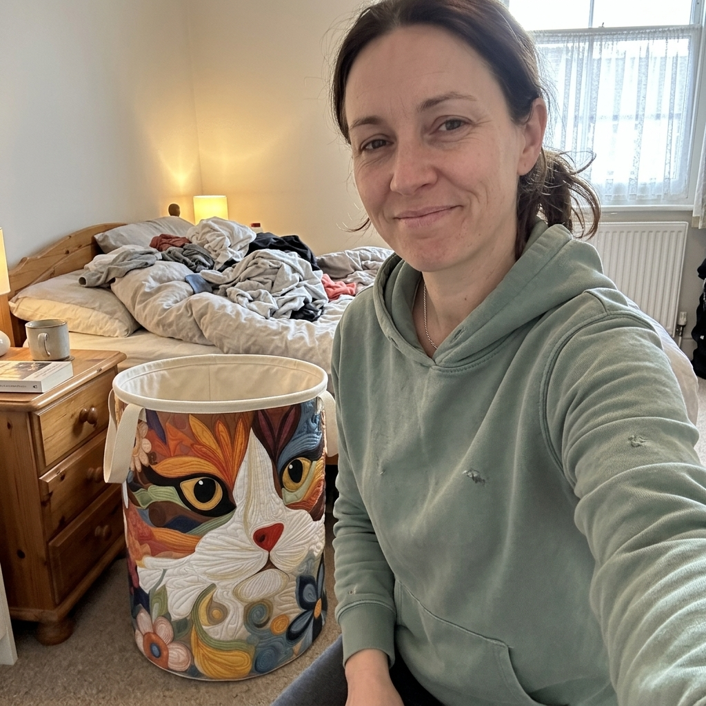 Customer with Patchwork Cat basket in bedroom