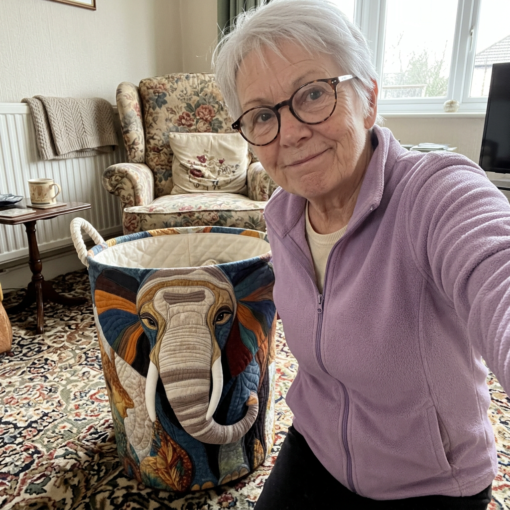 Customer with Safari Elephant basket in sitting room