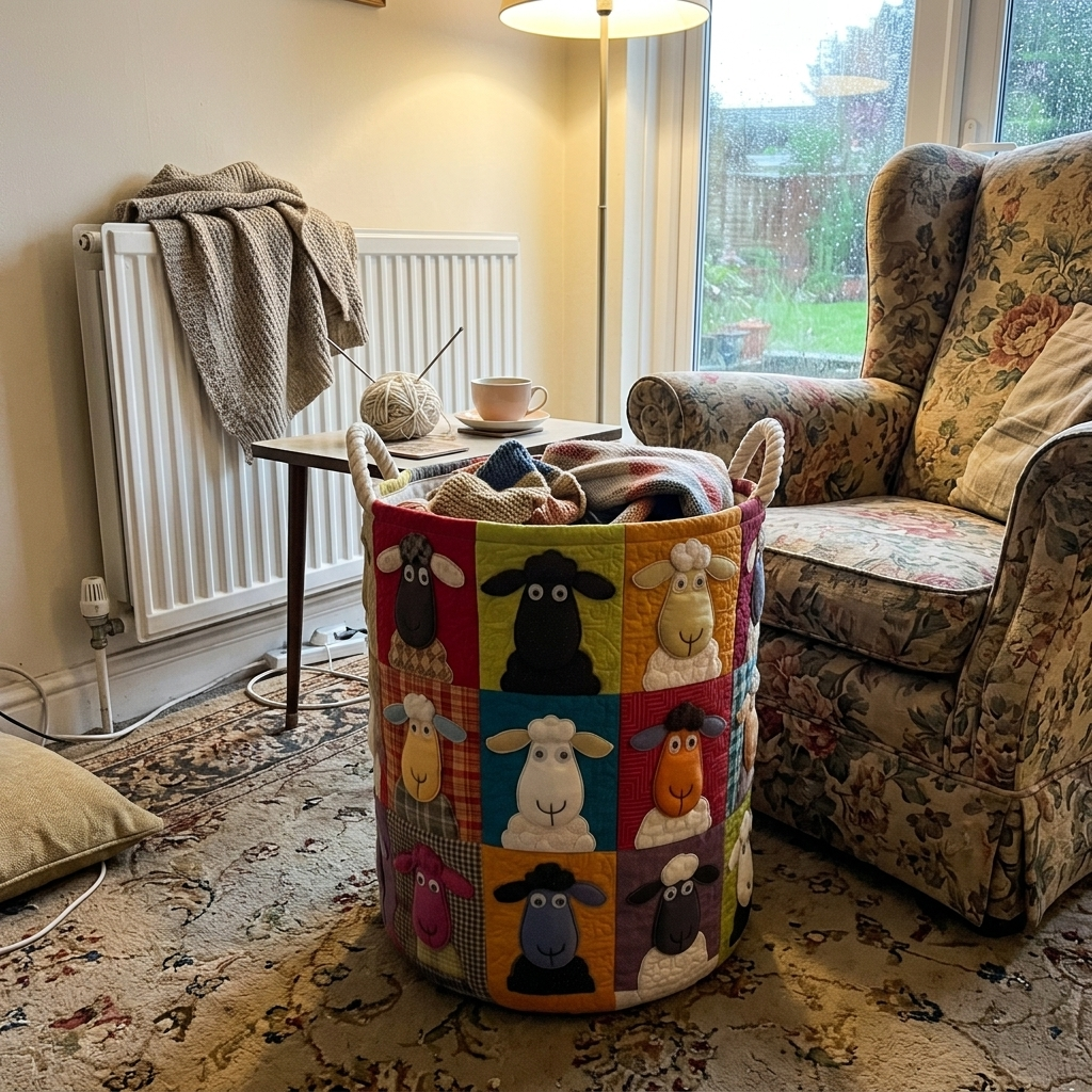 Colourful Sheep basket next to armchair