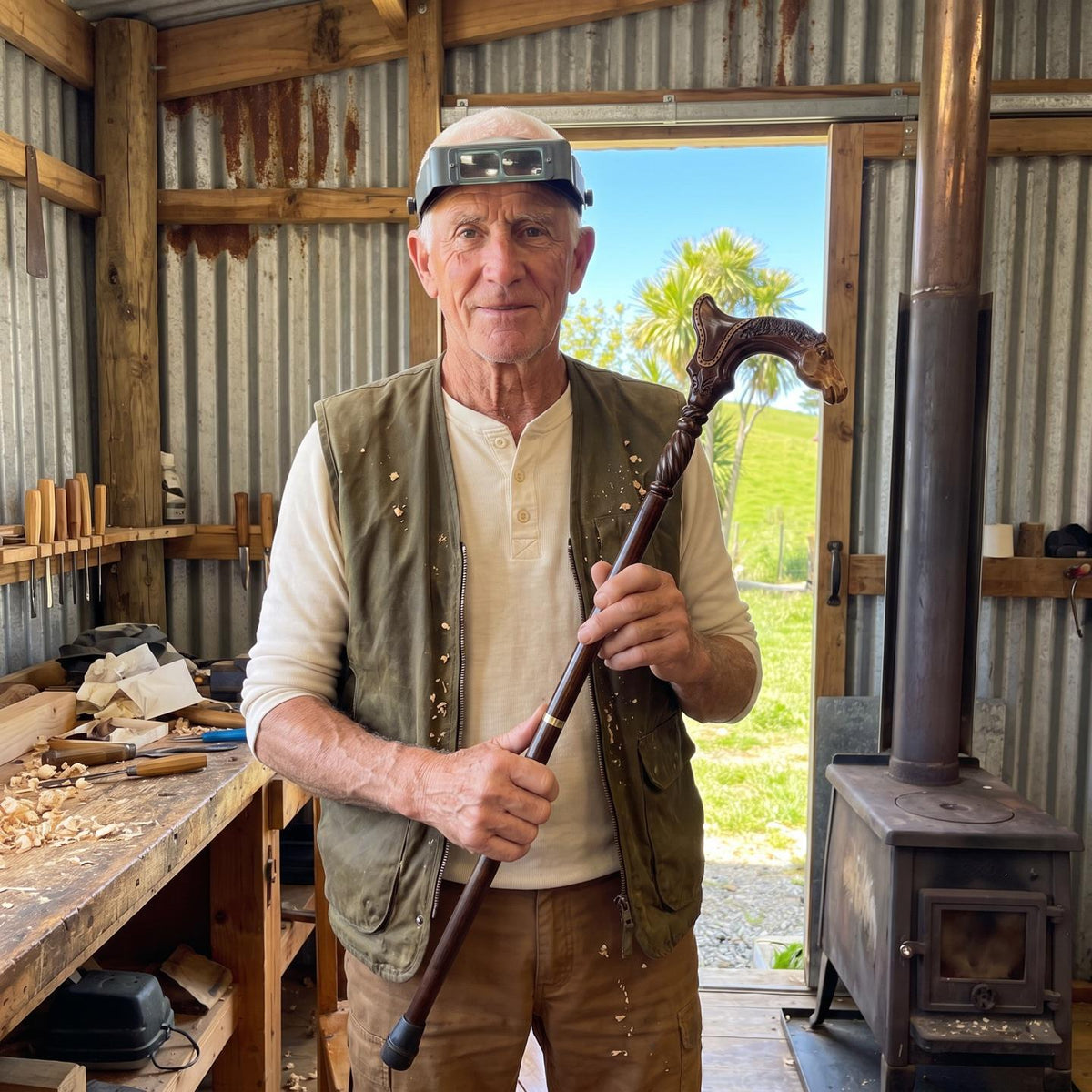 Hamish Rountree holding a finished horse-head walking stick in his shed