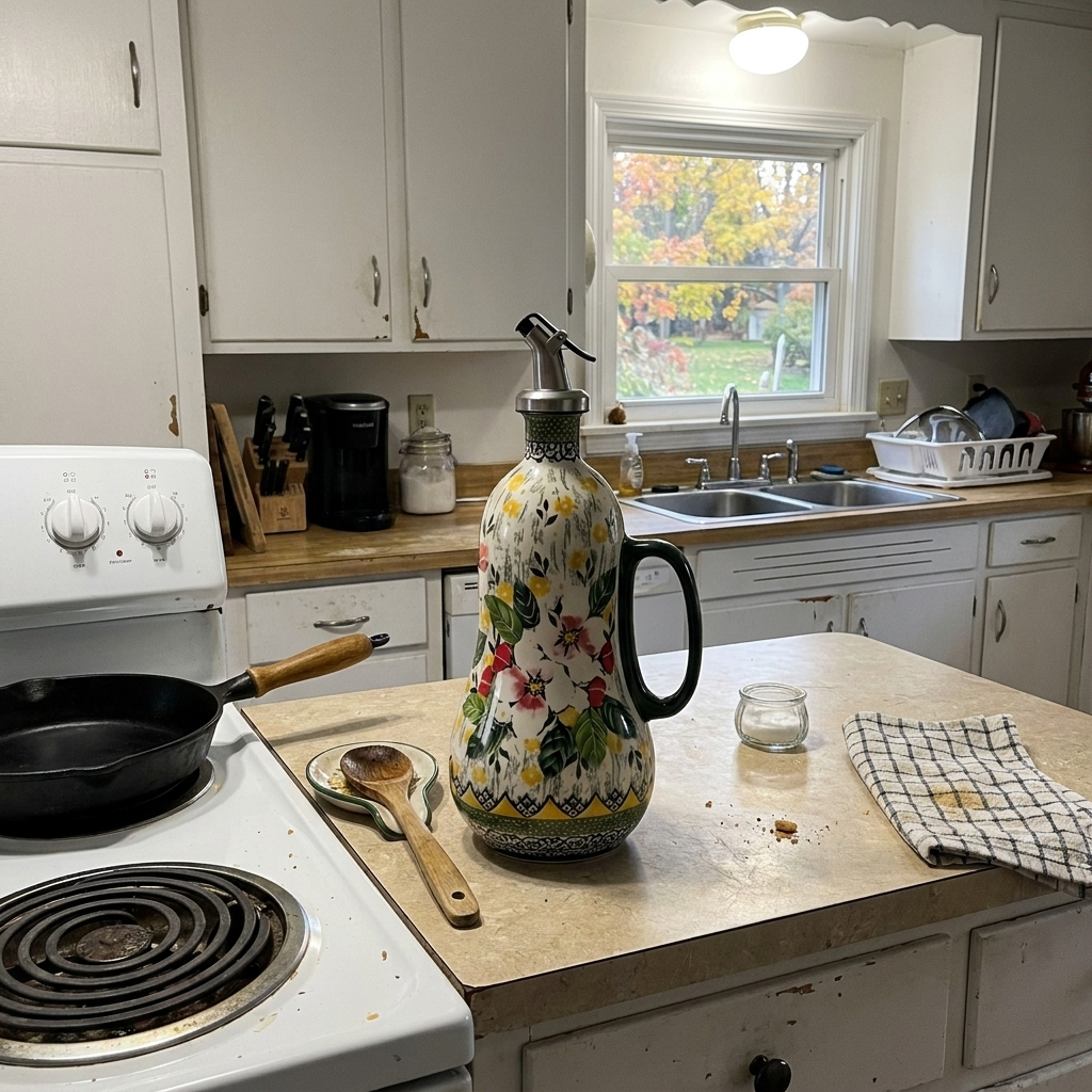 Customer photo: Wild Rose oil dispenser beside the stove