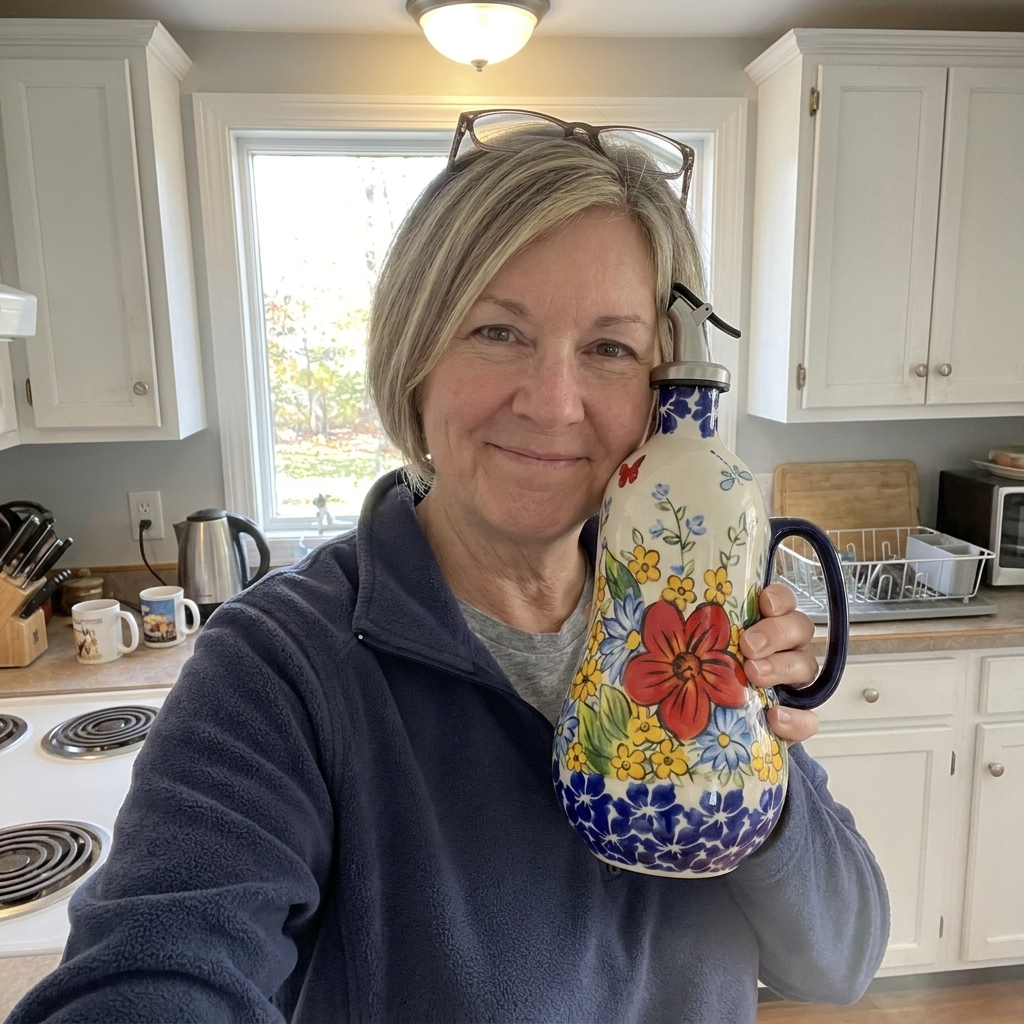 Customer selfie with the Red Poppy oil dispenser