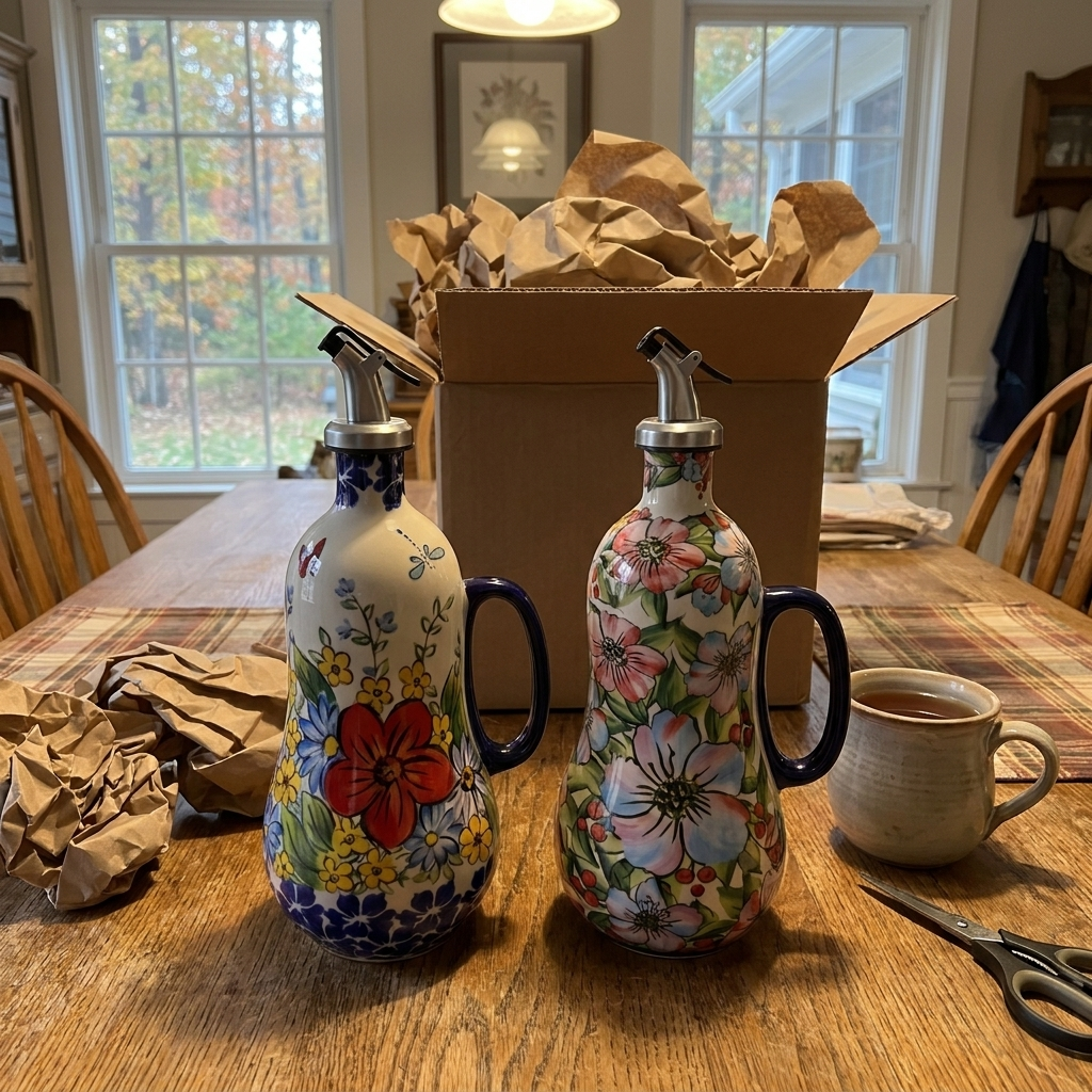 Two oil dispensers just unpacked on a kitchen table
