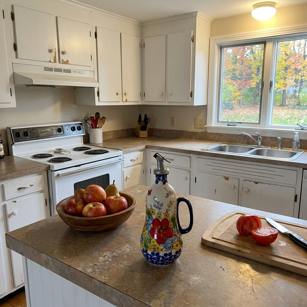 Red Poppy oil dispenser on the counter next to fruit