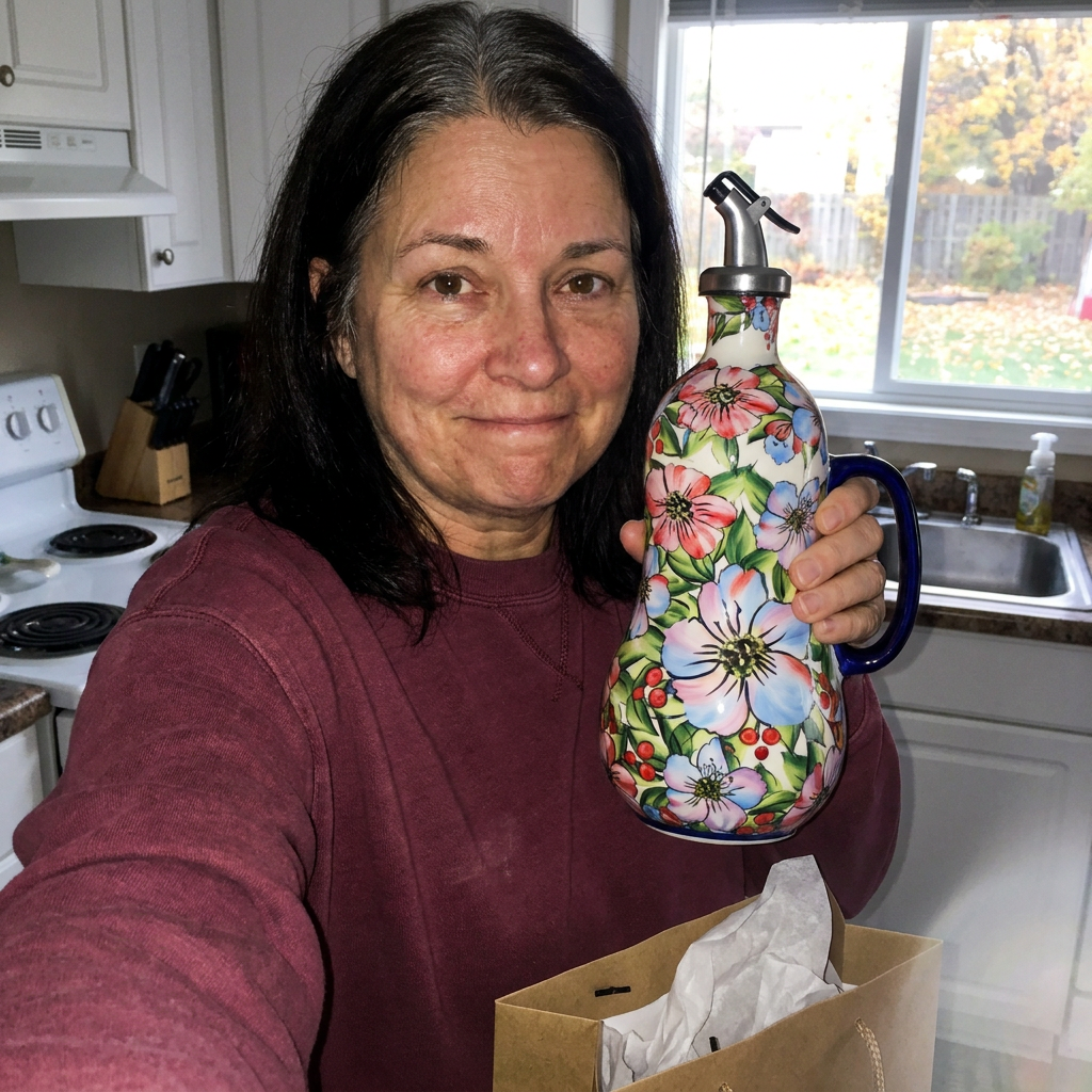 Customer with the Rose Mallow dispenser and a gift bag