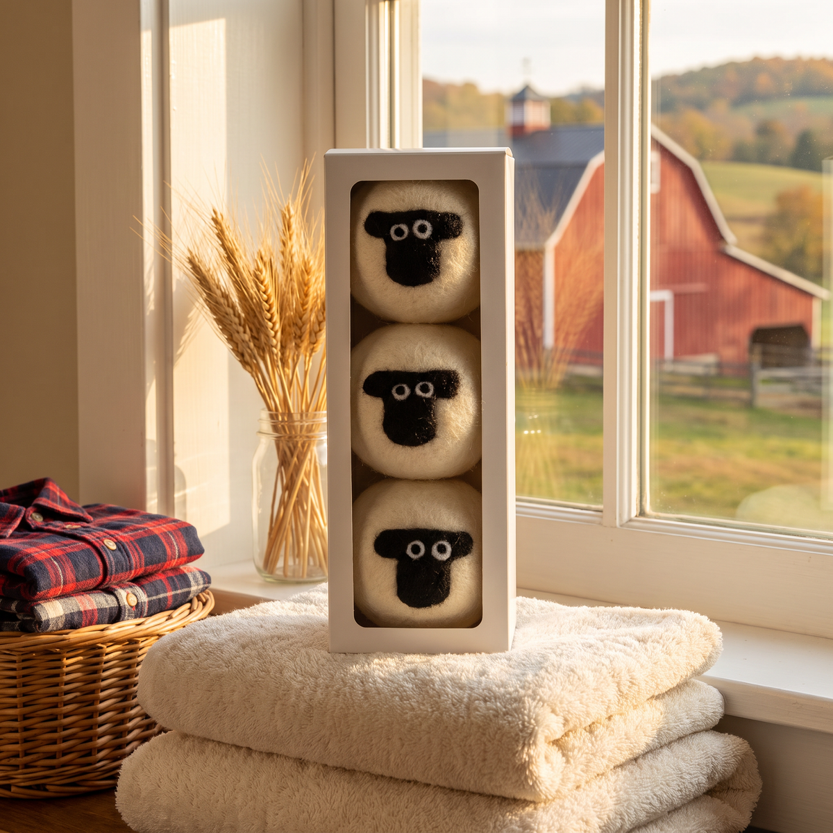 Verlie's sheep wool dryer balls in a window gift box