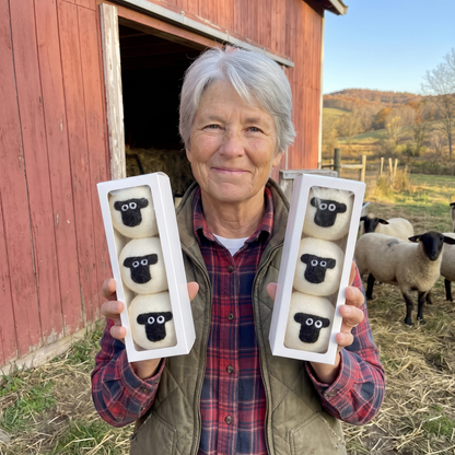 Verlie Stoneking holding two boxes of her sheep dryer balls