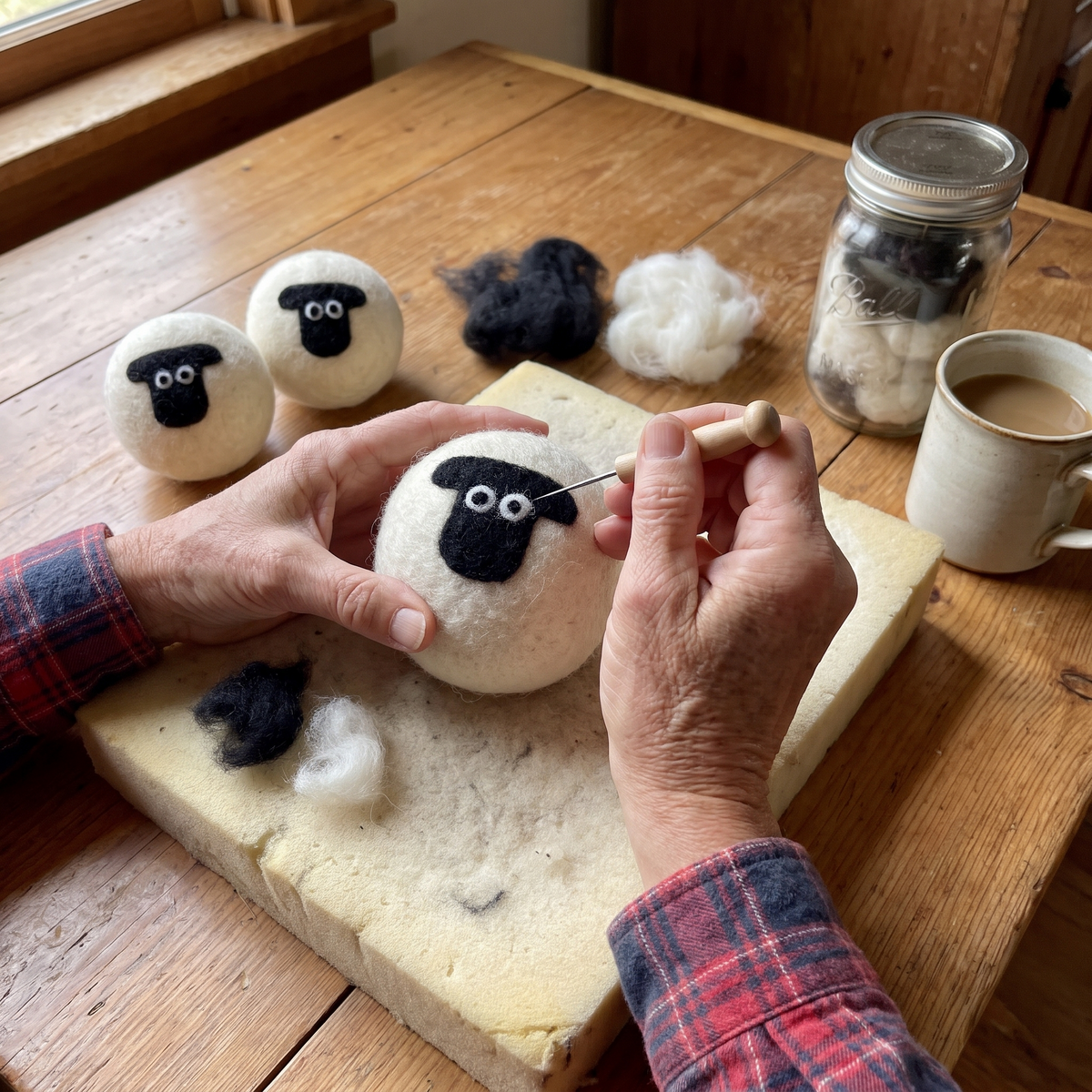 Needle-felting a black sheep face onto a wool ball