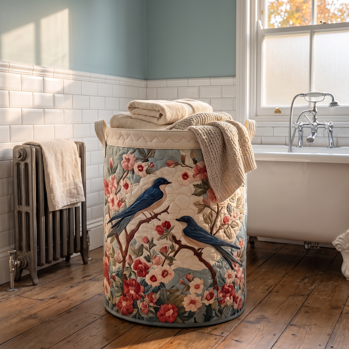 Delia's handmade quilted basket – Bluebirds