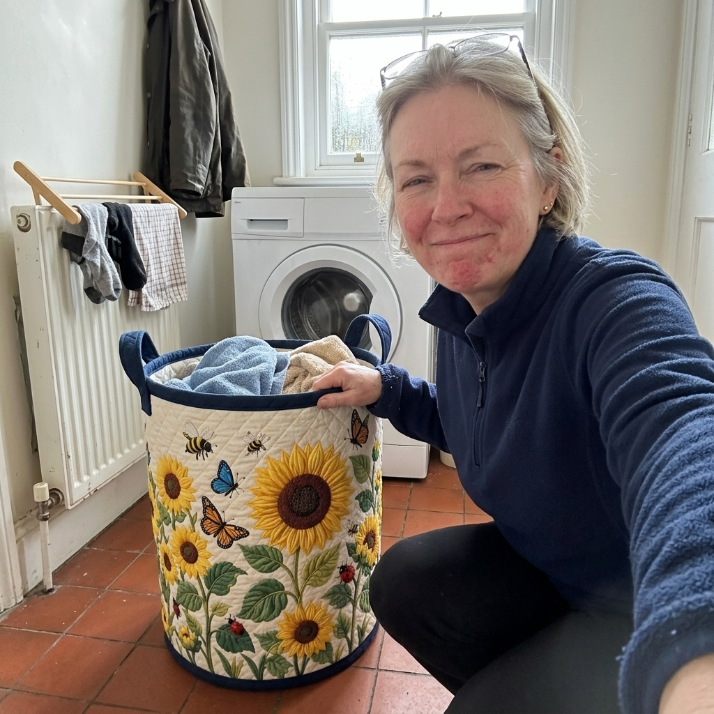 Customer photo: sunflower quilted basket in a utility room
