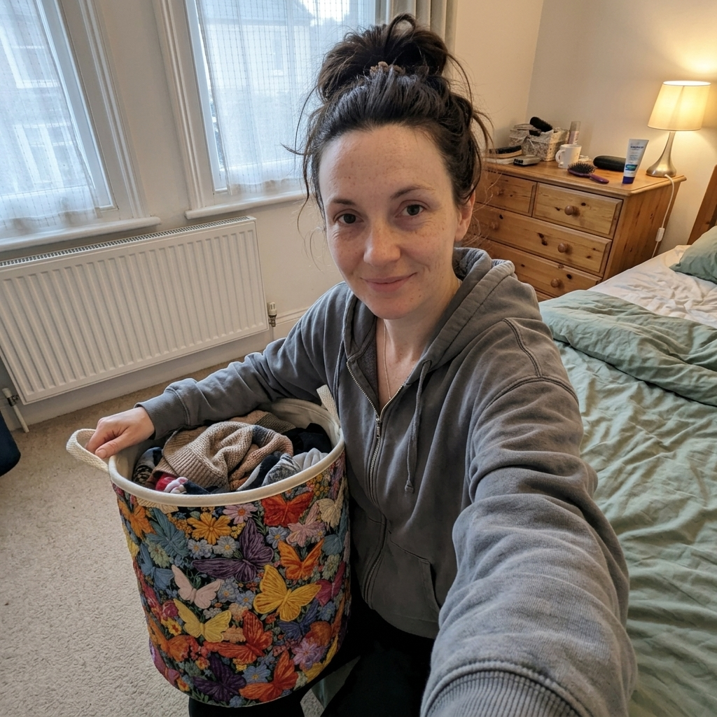 Customer photo: butterfly quilted basket in a bedroom