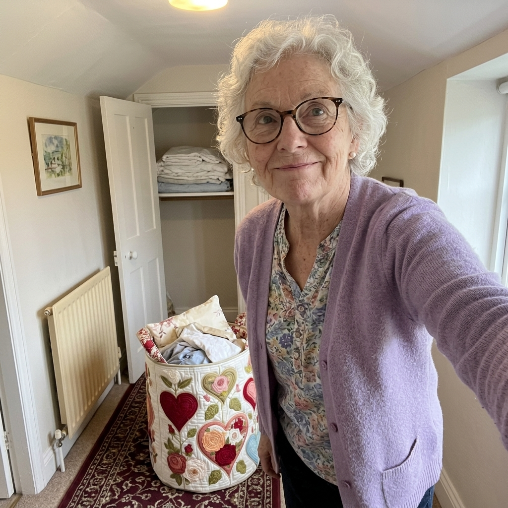 Customer photo: hearts and roses quilted basket on a landing