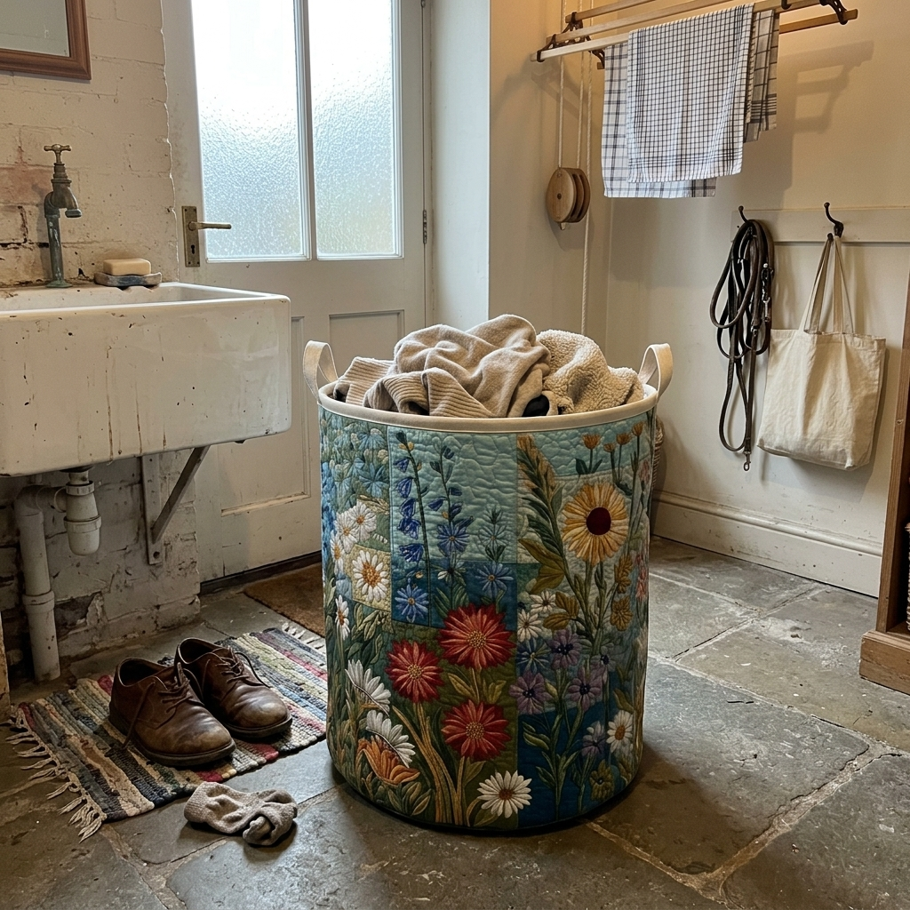 Customer photo: wildflower quilted basket in a boot room