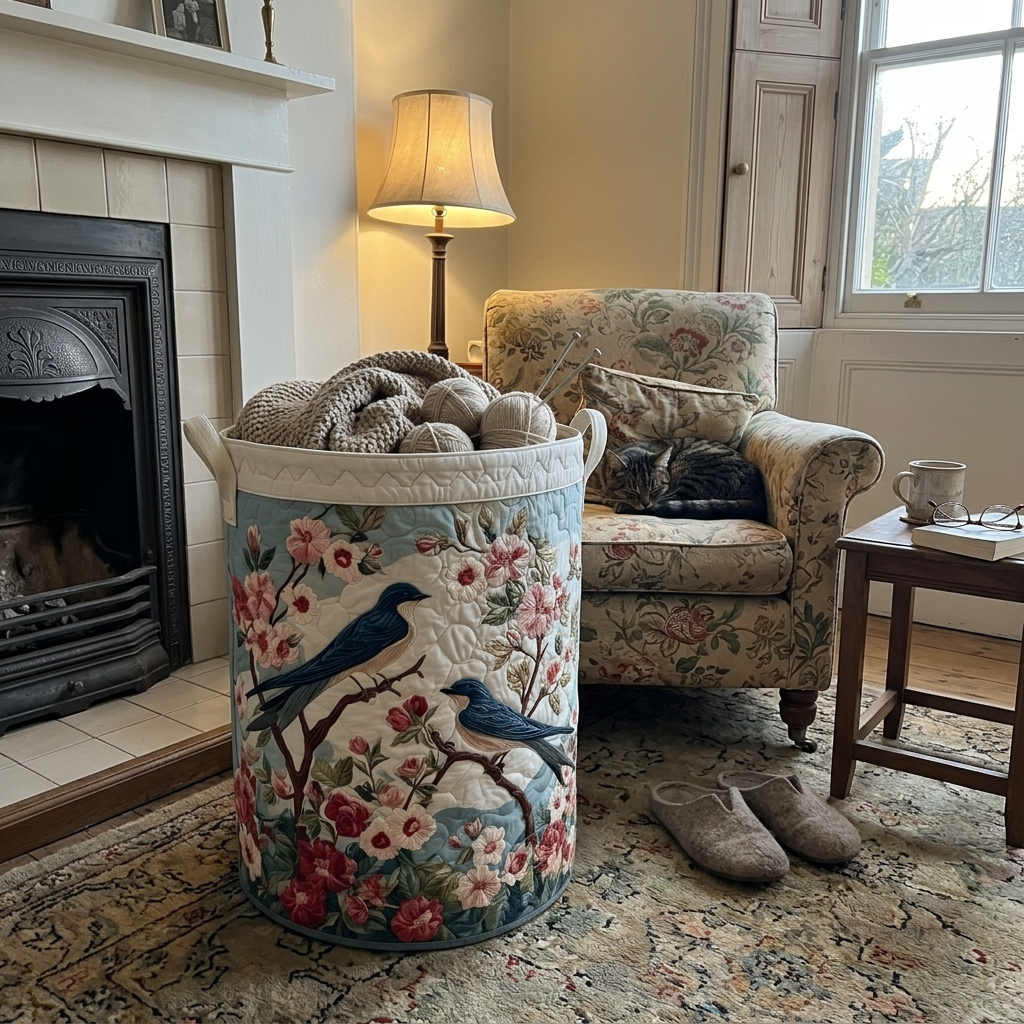Customer photo: bluebird quilted basket by a fireplace