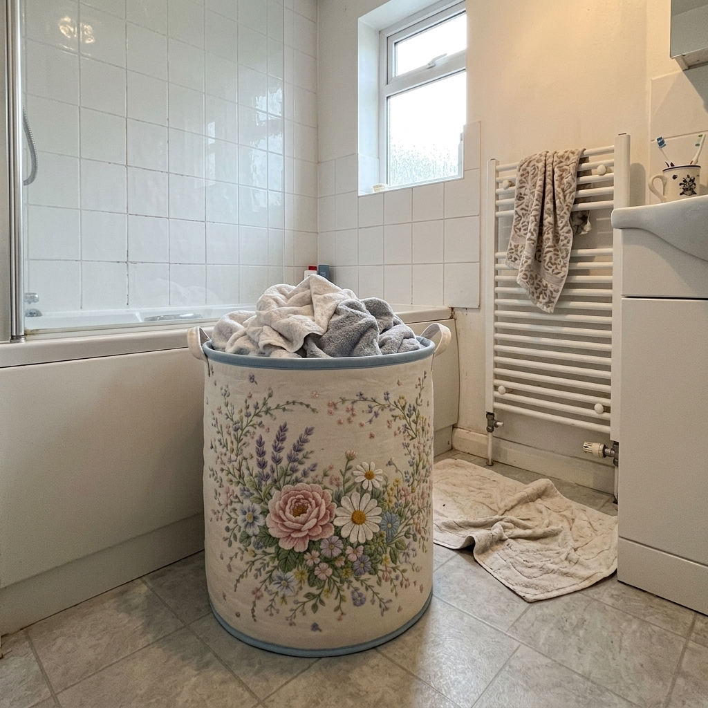 Customer photo: cottage garden quilted basket in a bathroom