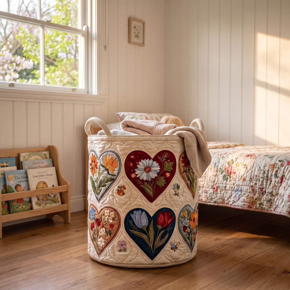 Gwenda's handmade quilted basket – Flower Hearts
