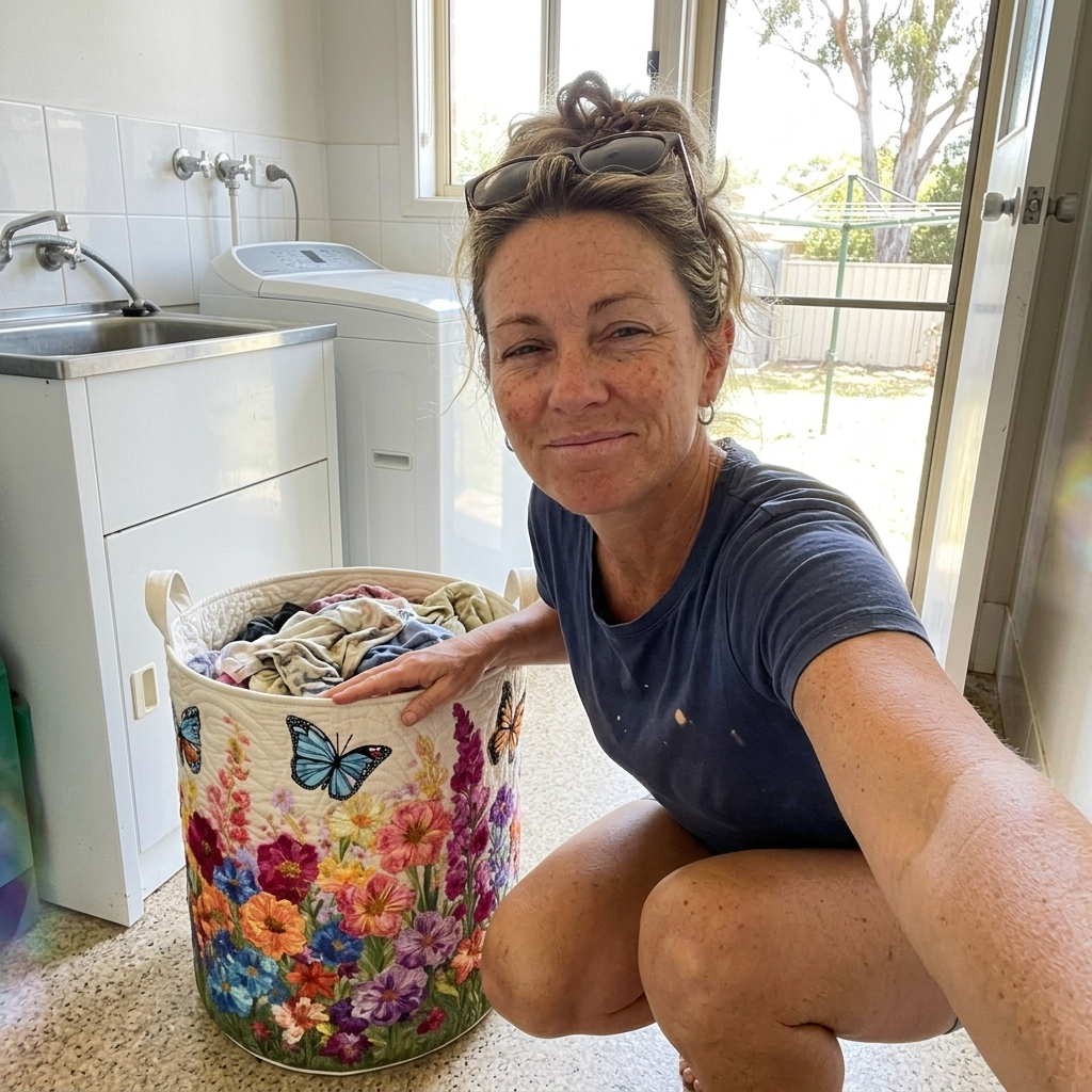 Customer photo: butterfly meadow quilted basket in a laundry