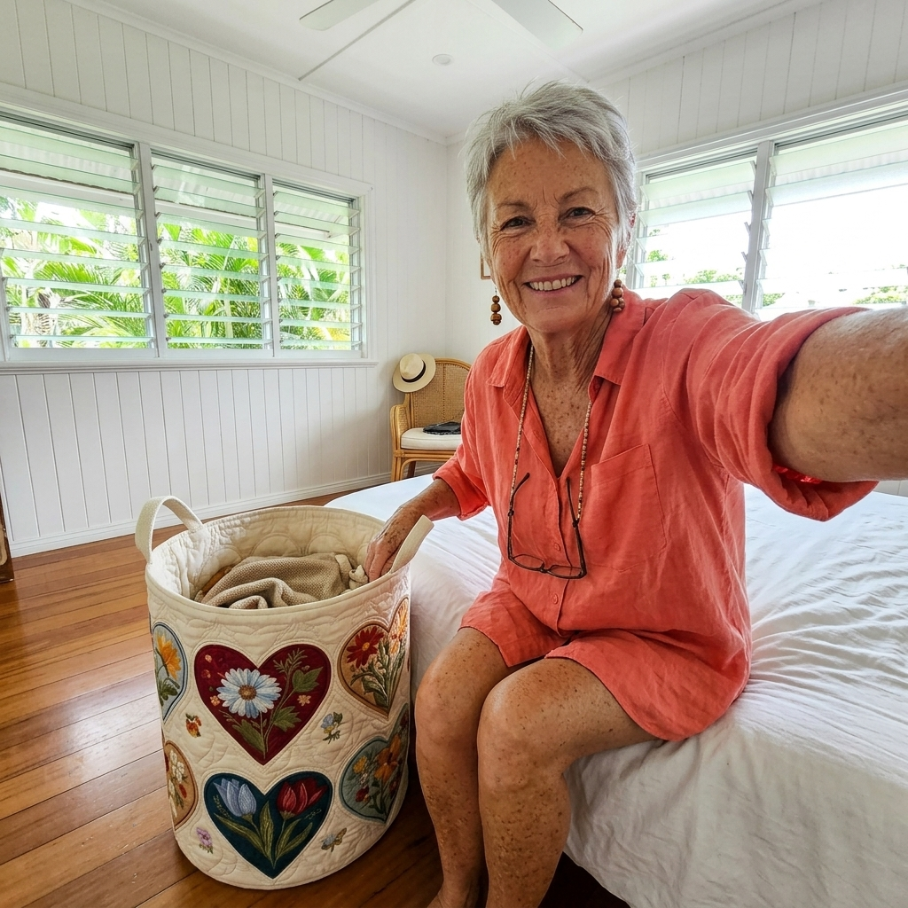 Customer photo: flower hearts quilted basket in a bedroom