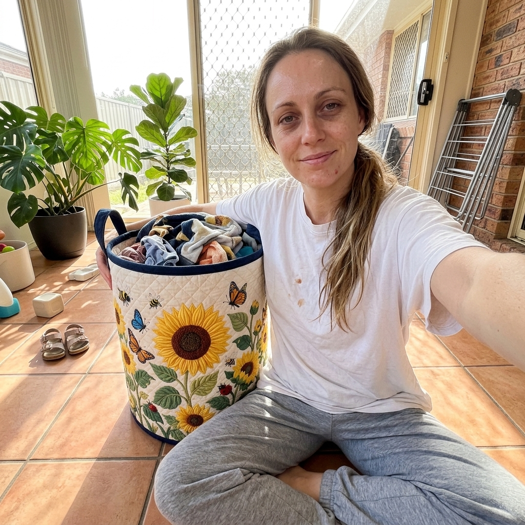 Customer photo: sunflower quilted basket in a sunroom