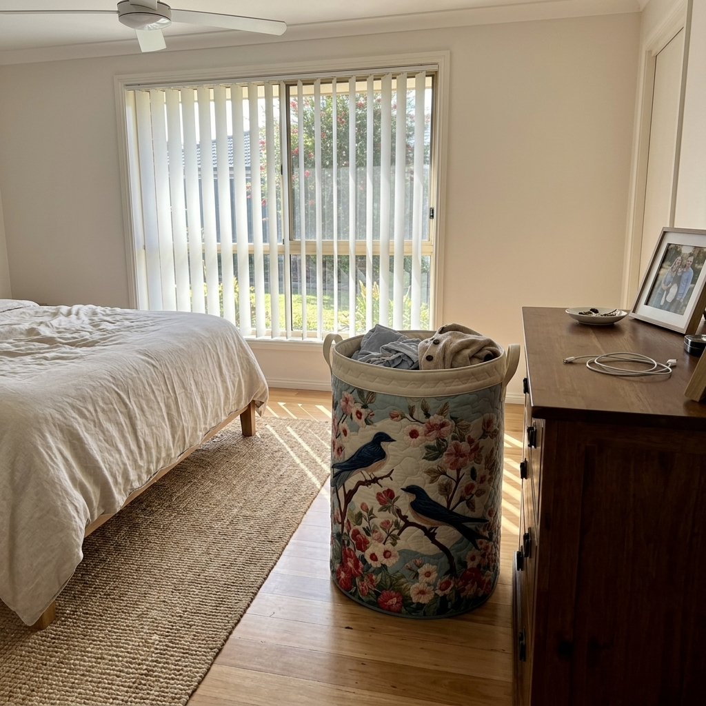 Customer photo: bluebird quilted basket in a bedroom