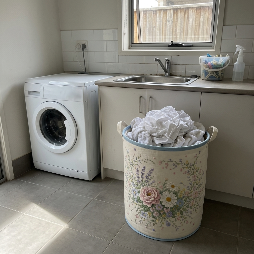 Customer photo: cottage garden quilted basket in a laundry