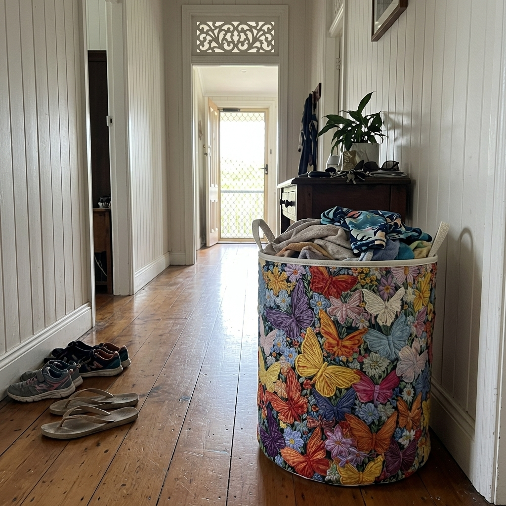 Customer photo: butterfly quilted basket in a hallway