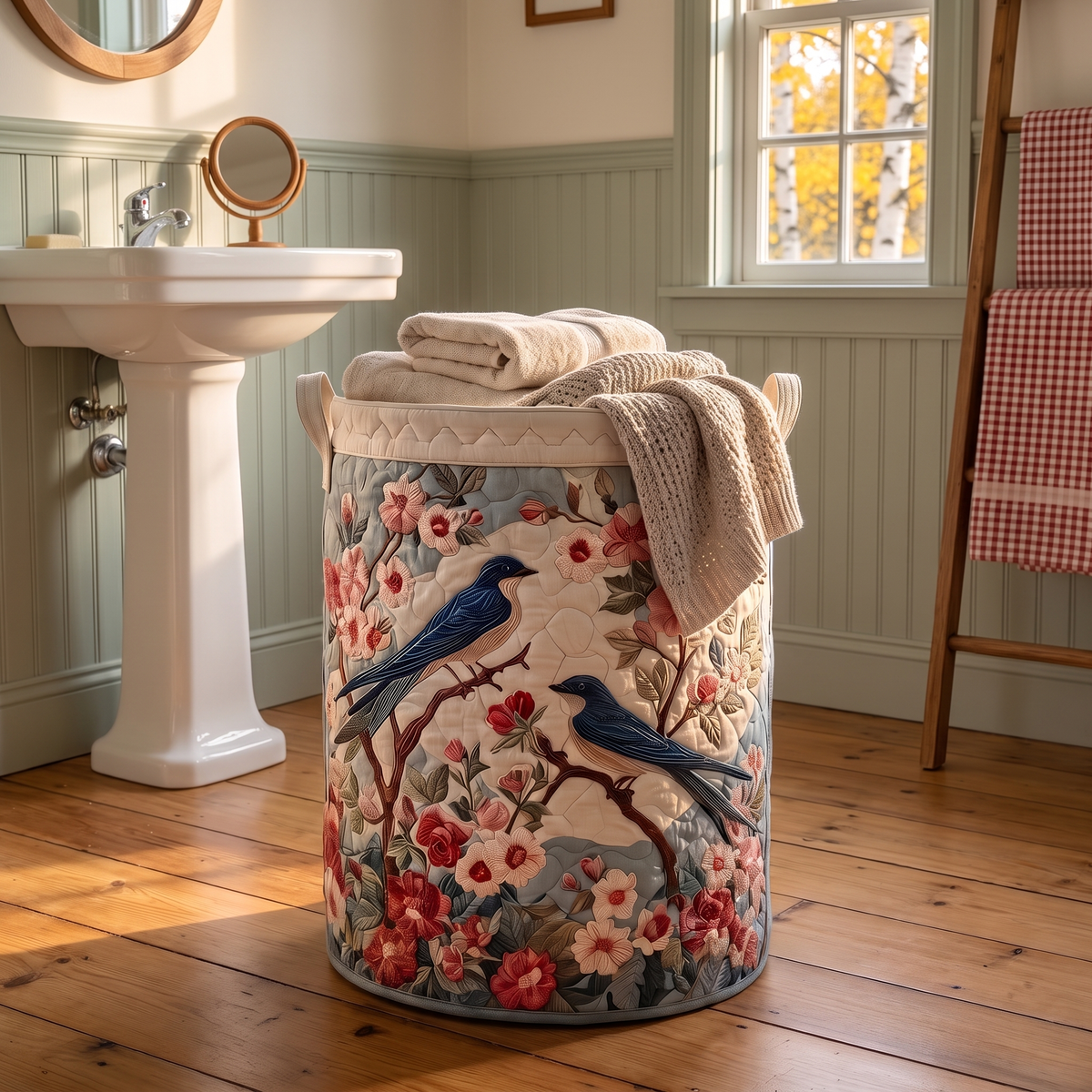 Myrna's handmade quilted basket – Bluebirds