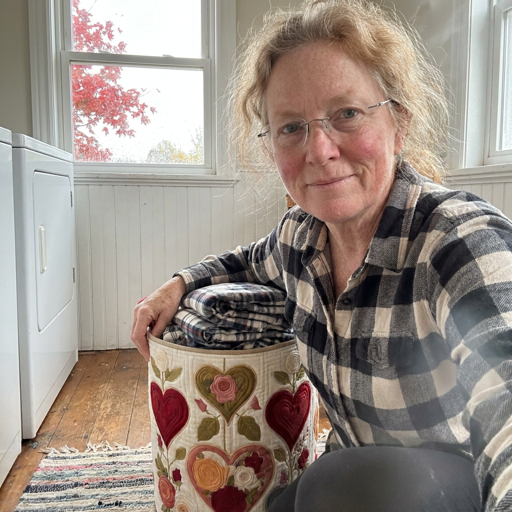 Customer photo of the Hearts & Roses quilted basket in a farmhouse laundry