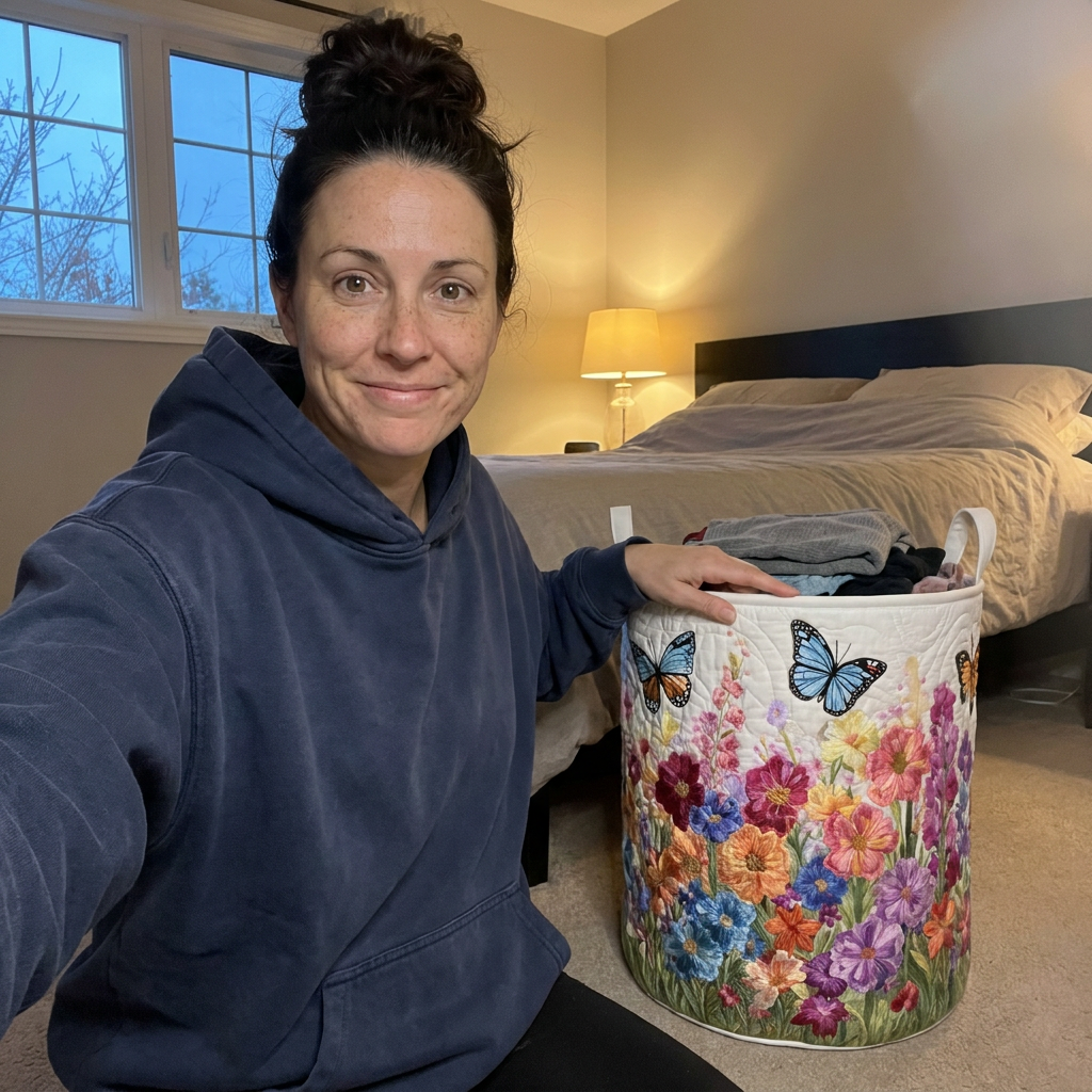 Customer photo of the Butterfly Meadow quilted basket in a bedroom