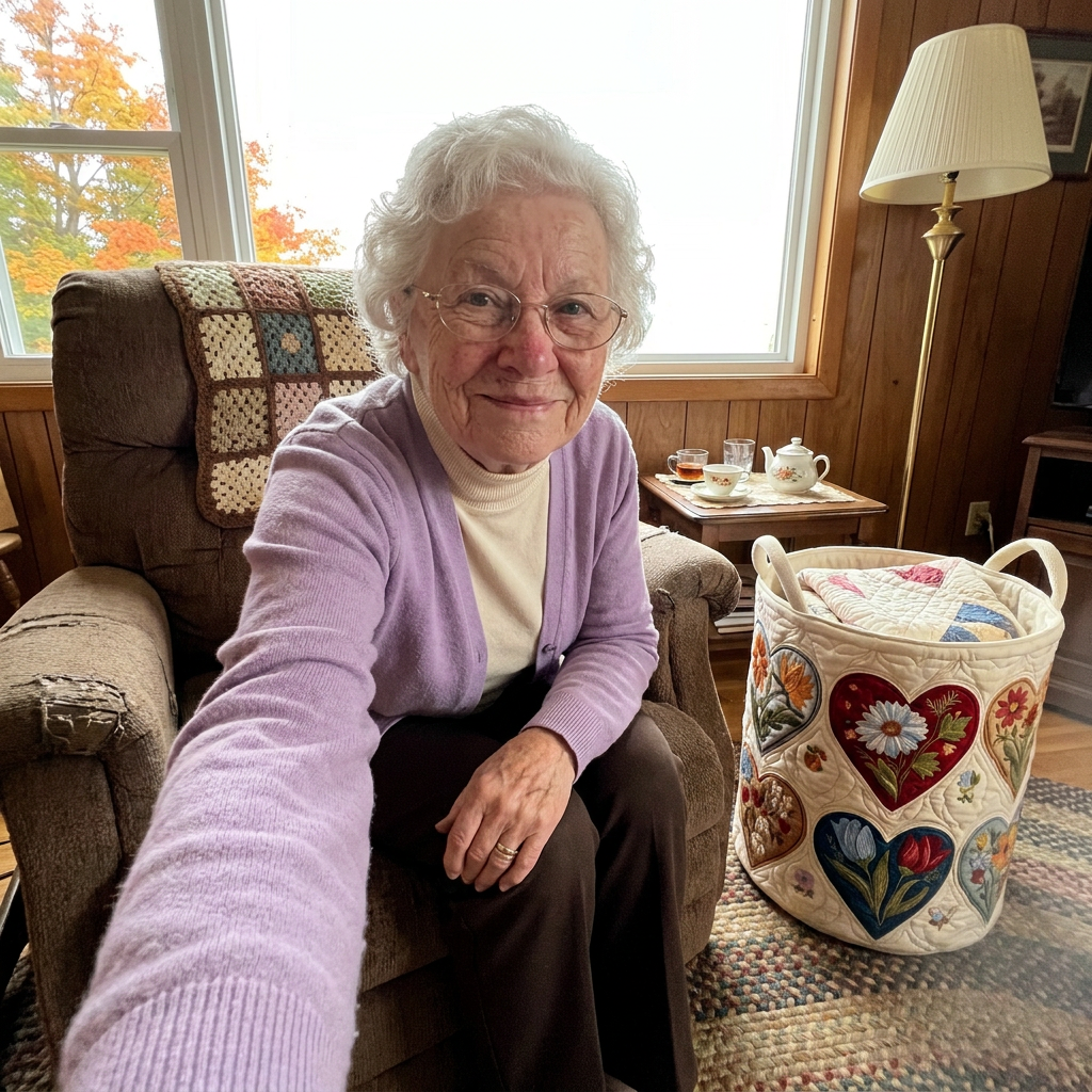 Customer photo of the Flower Hearts quilted basket beside an armchair