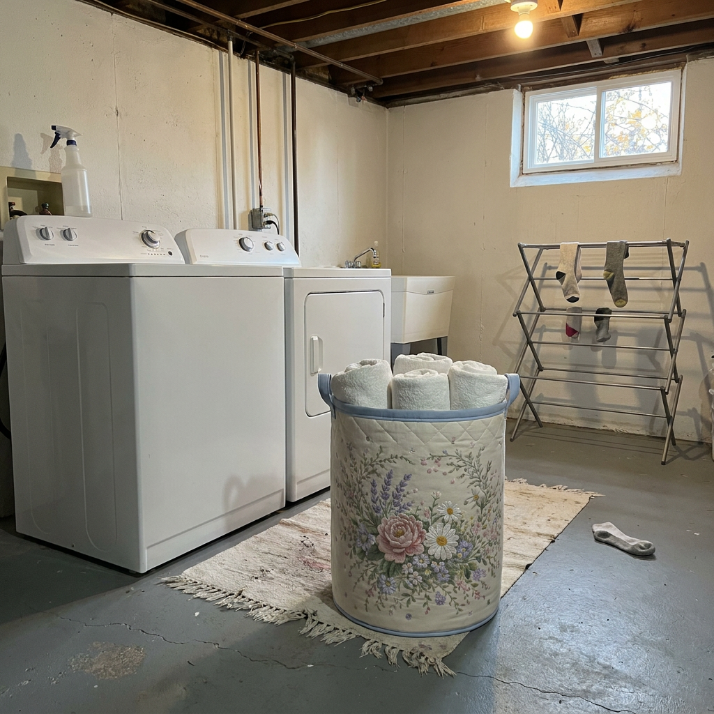 Customer photo of the Wildflowers quilted basket in a basement laundry