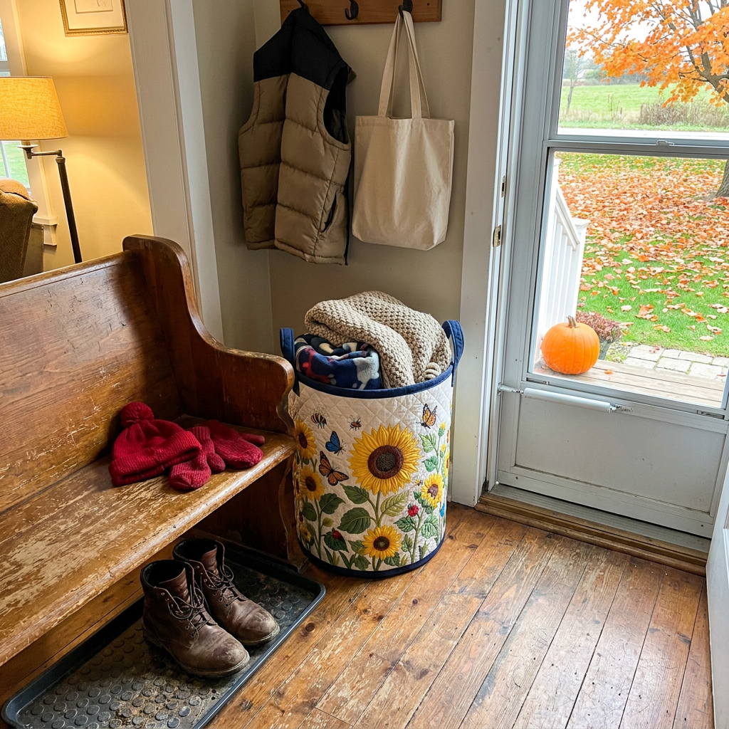 Customer photo of the Sunflowers quilted basket in a front entry