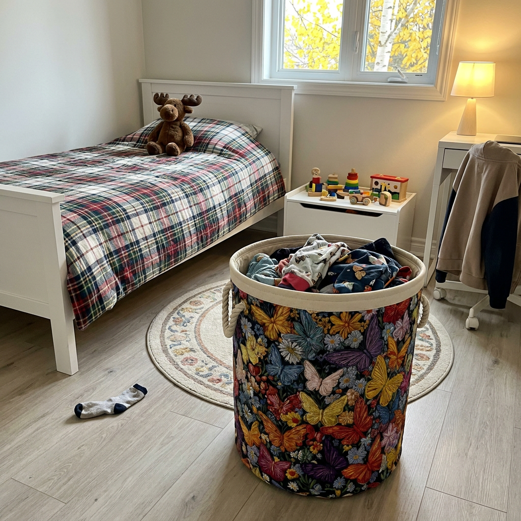Customer photo of the Butterflies quilted basket in a kids' bedroom