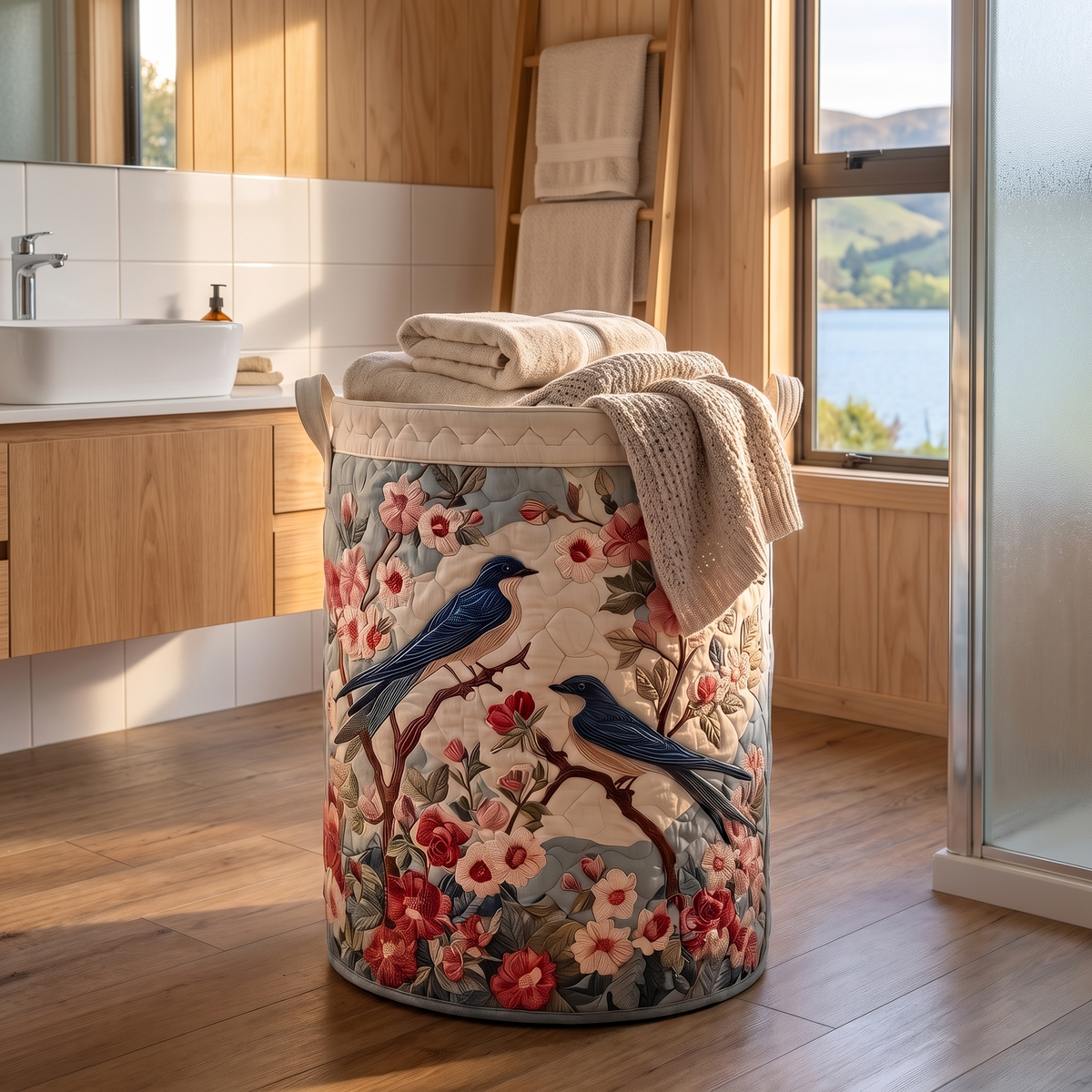 Ngaire's handmade quilted basket – Bluebirds