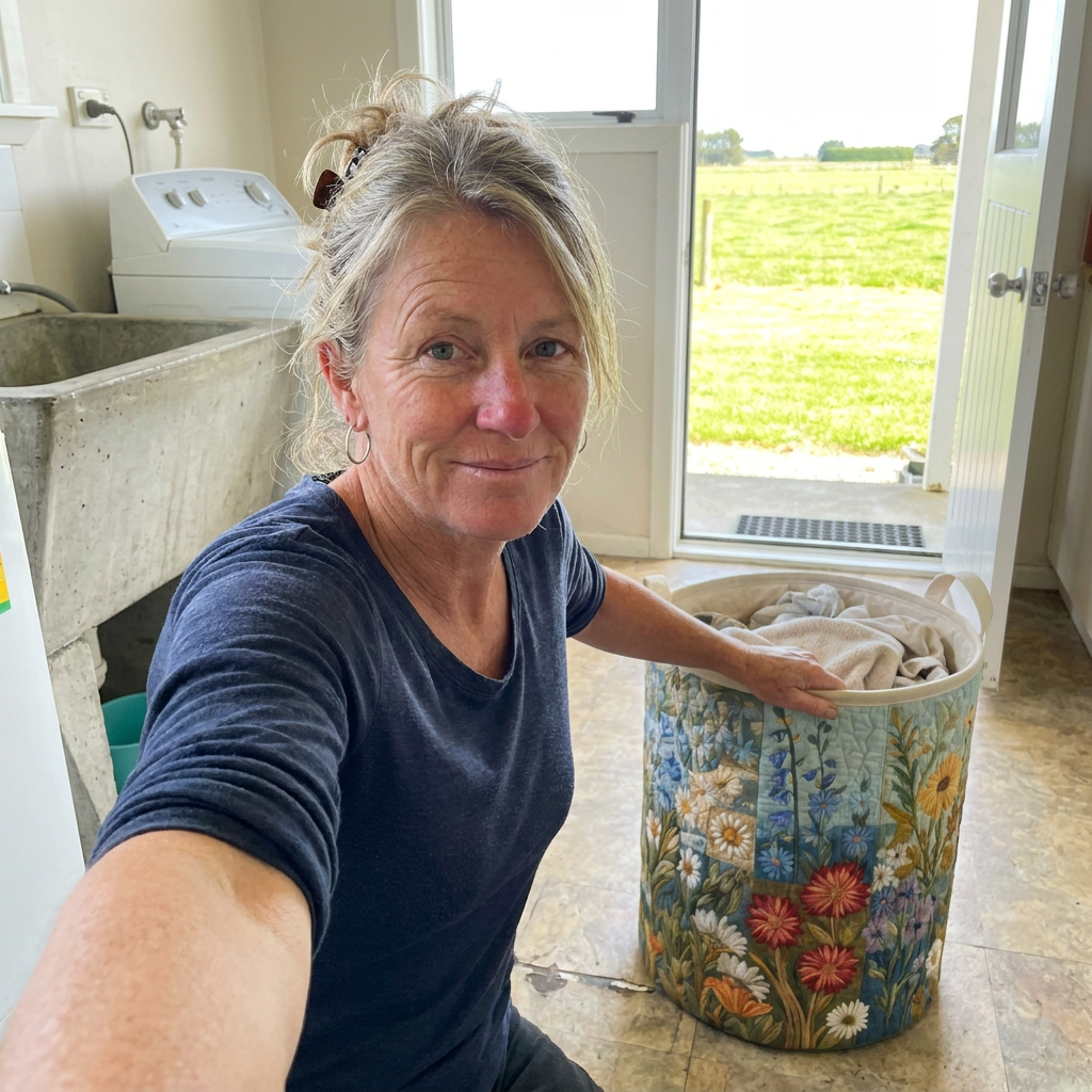 Customer photo of the Cottage Garden quilted basket in a farmhouse laundry