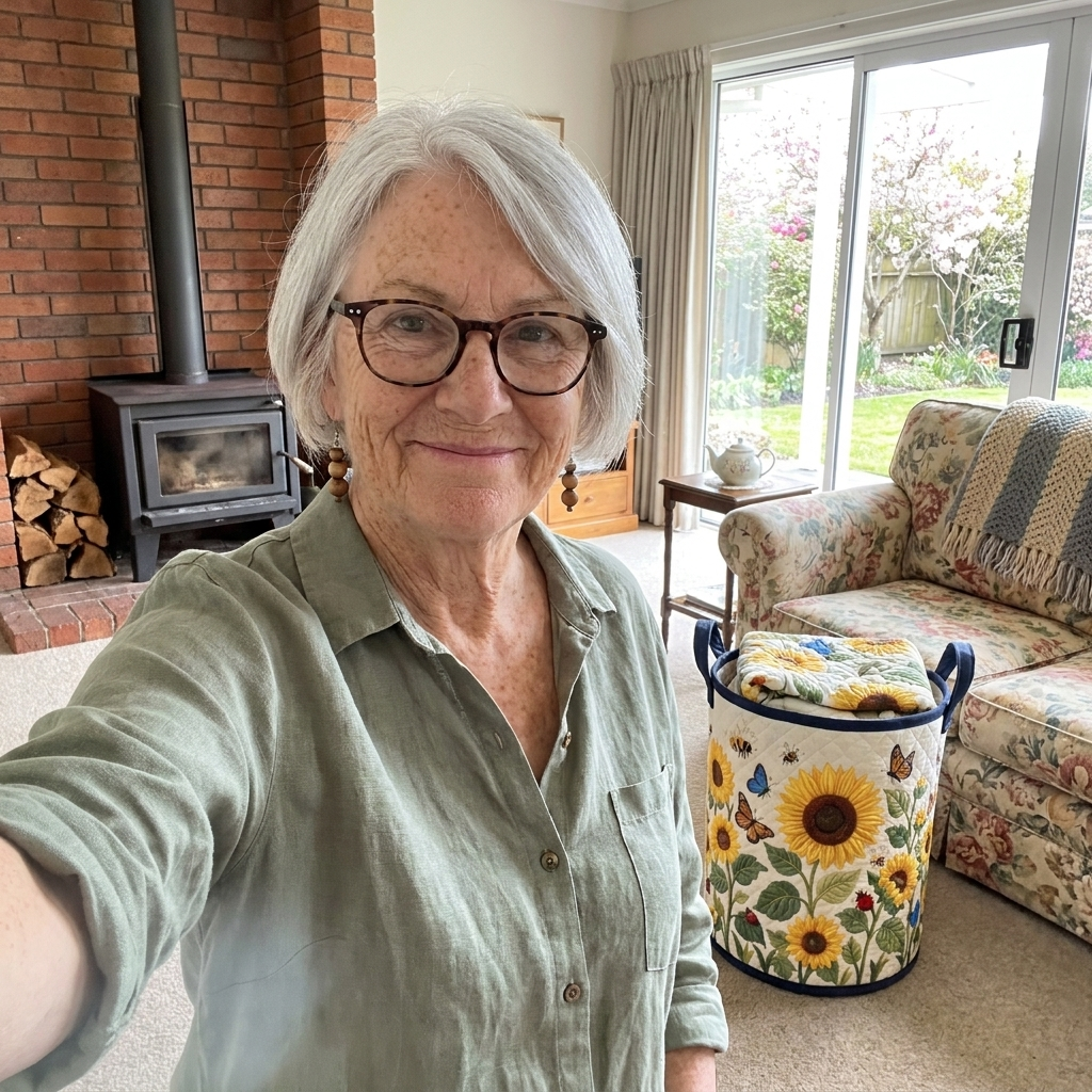 Customer photo of the Sunflowers quilted basket in a lounge