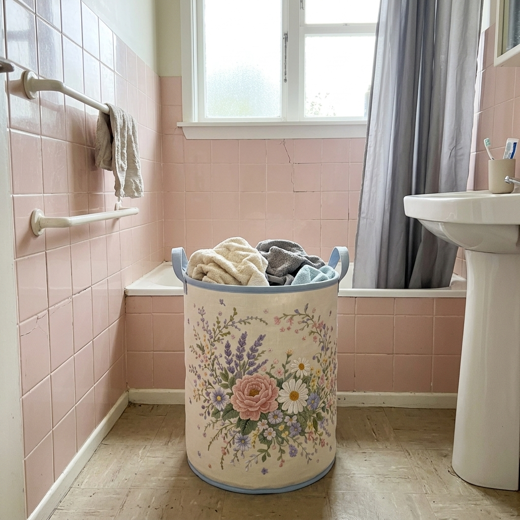 Customer photo of the Wildflowers quilted basket in a bathroom