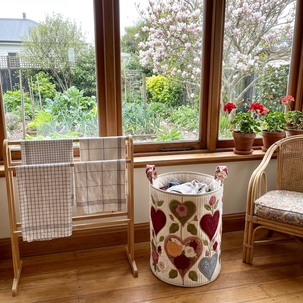 Customer photo of the Hearts & Roses quilted basket in a sunroom