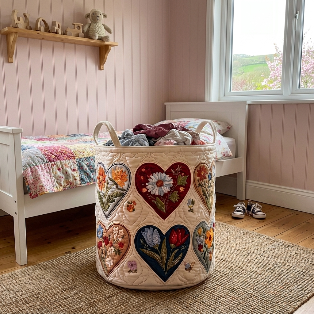 Customer photo of the Flower Hearts quilted basket in a girl's bedroom