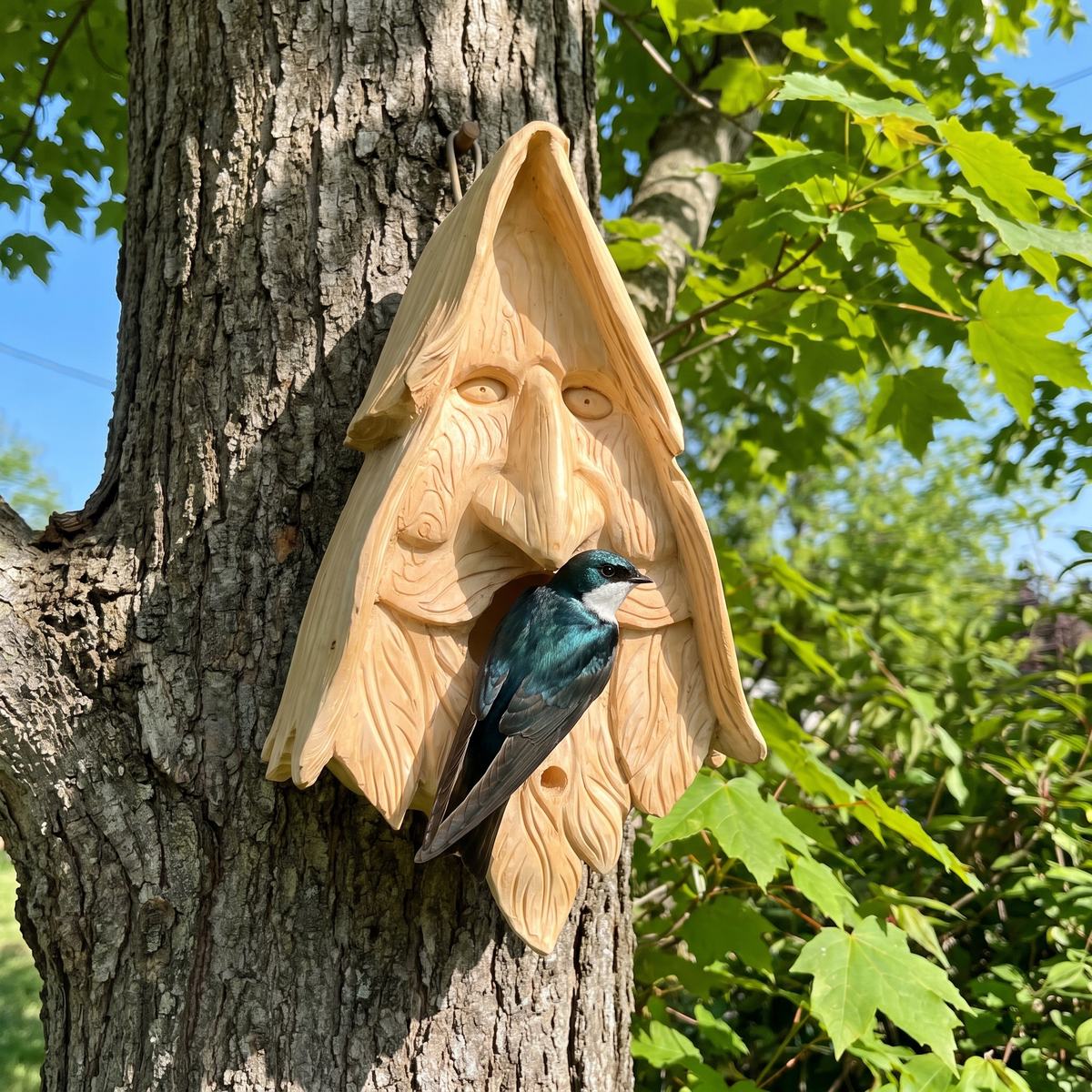 Tree swallow in the entrance of the wood spirit birdhouse on a maple