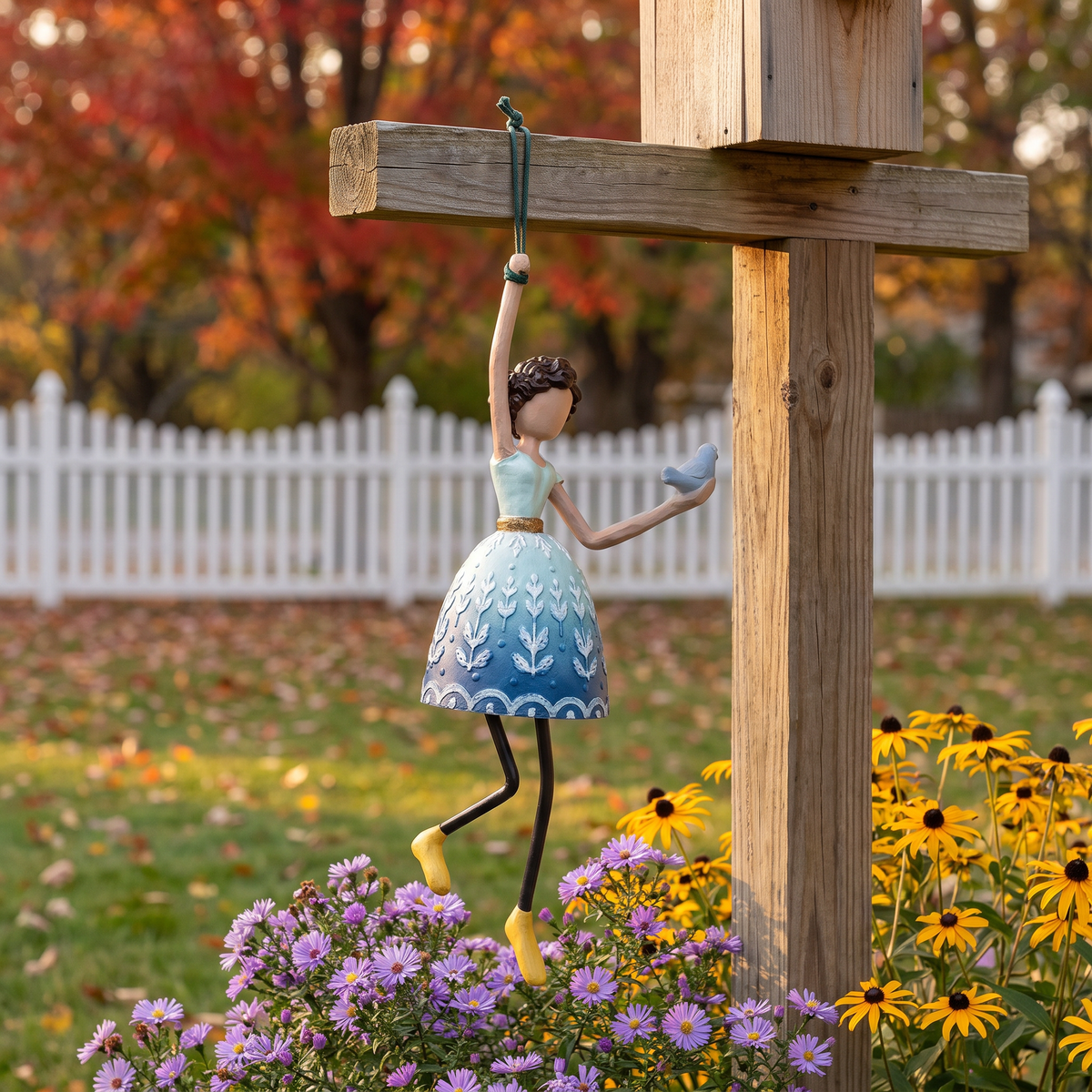 The Bluebird wind dancer hanging from a cedar post in an autumn garden