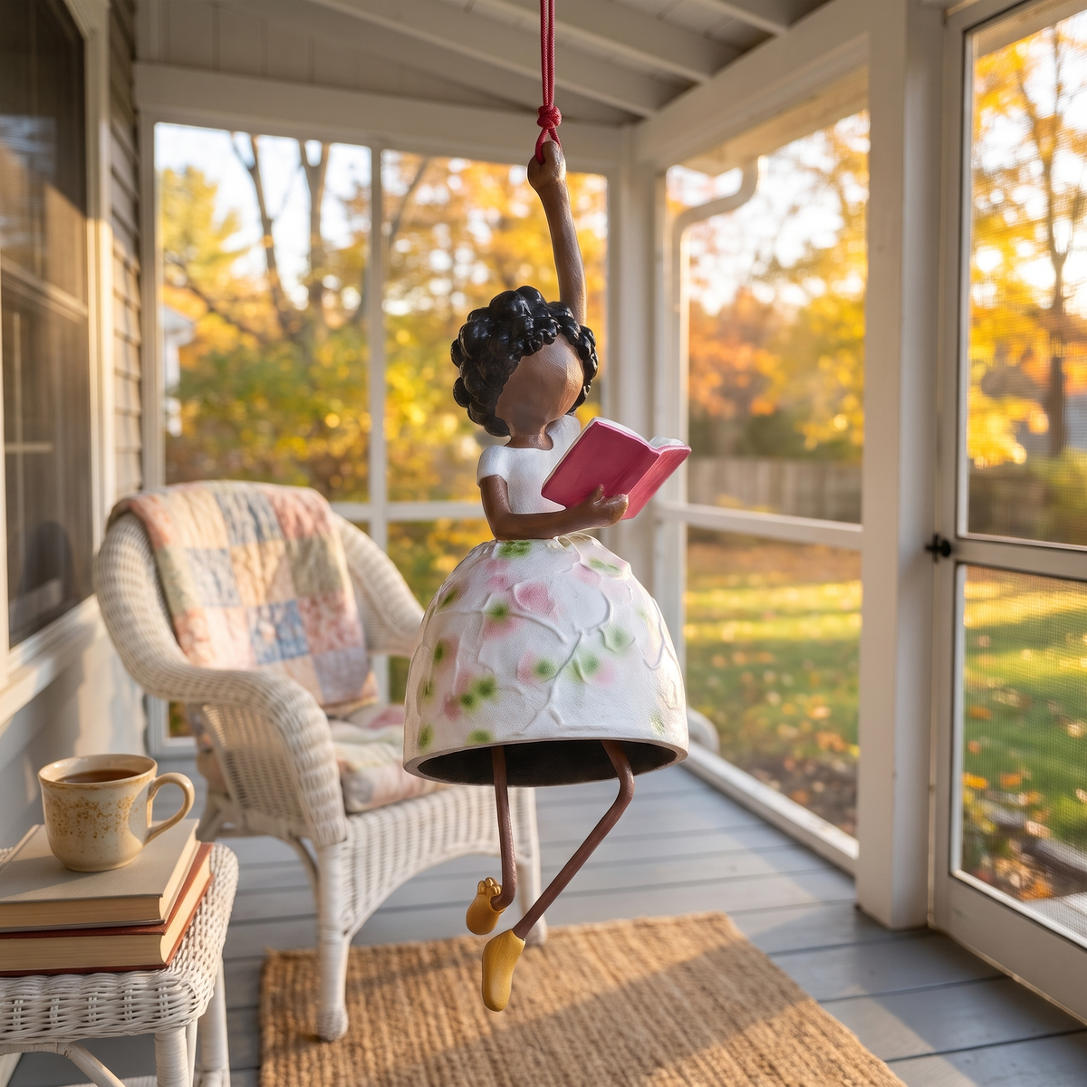 The Reader wind dancer hanging on a screened porch