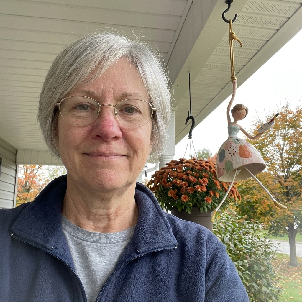 Customer selfie with the Painter wind dancer on her porch