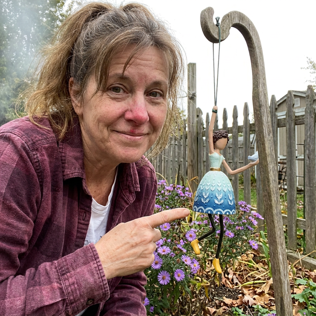 Customer with the Bluebird wind dancer in her garden