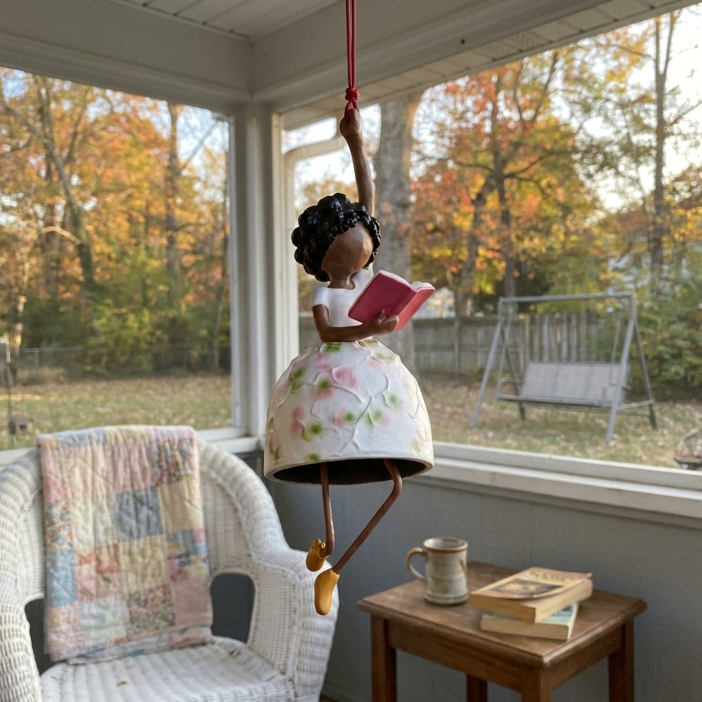 Reader wind dancer on a screened porch